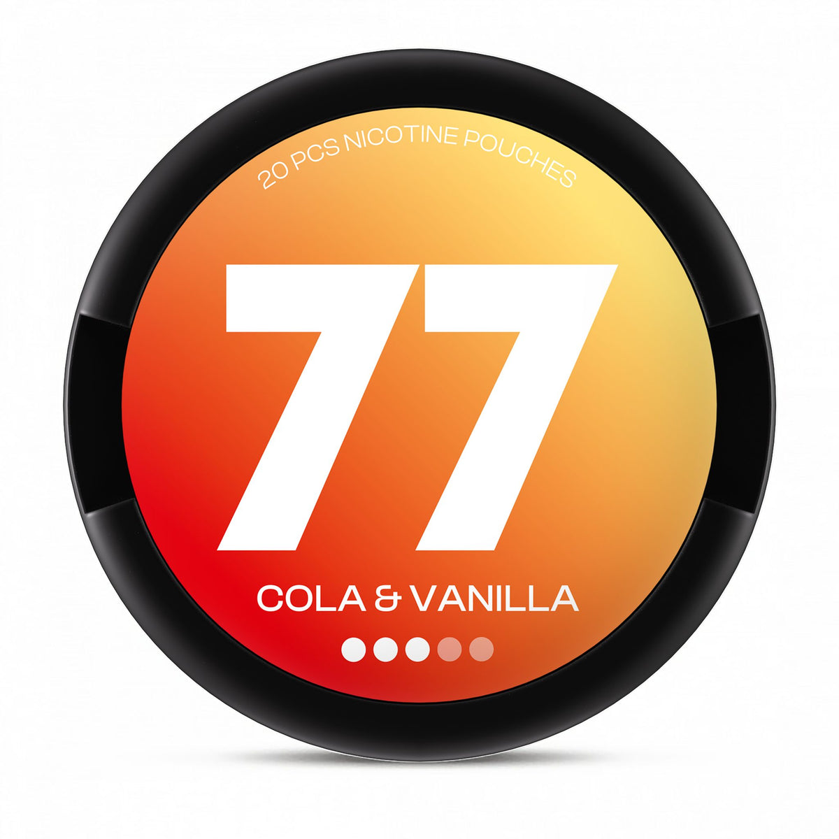 77 Cola & Vanilla Medium nicotine pouches – 10.4mg per pouch, 20-pouch can (black lid)