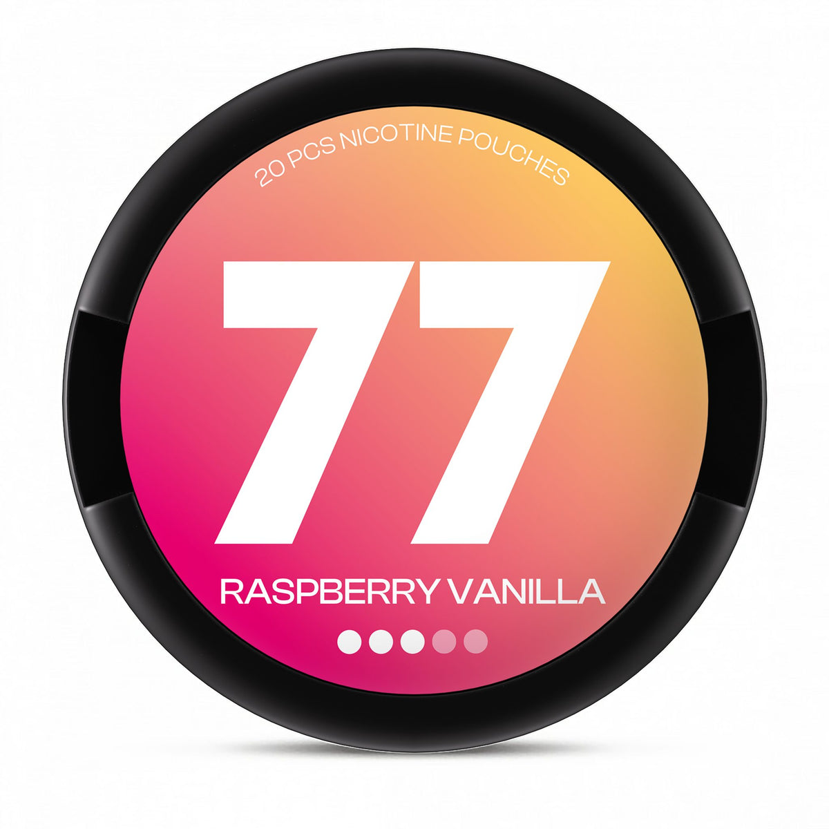 77 Raspberry & Vanilla Medium nicotine pouches – 10.4mg per pouch, 20-pouch can (black lid)
