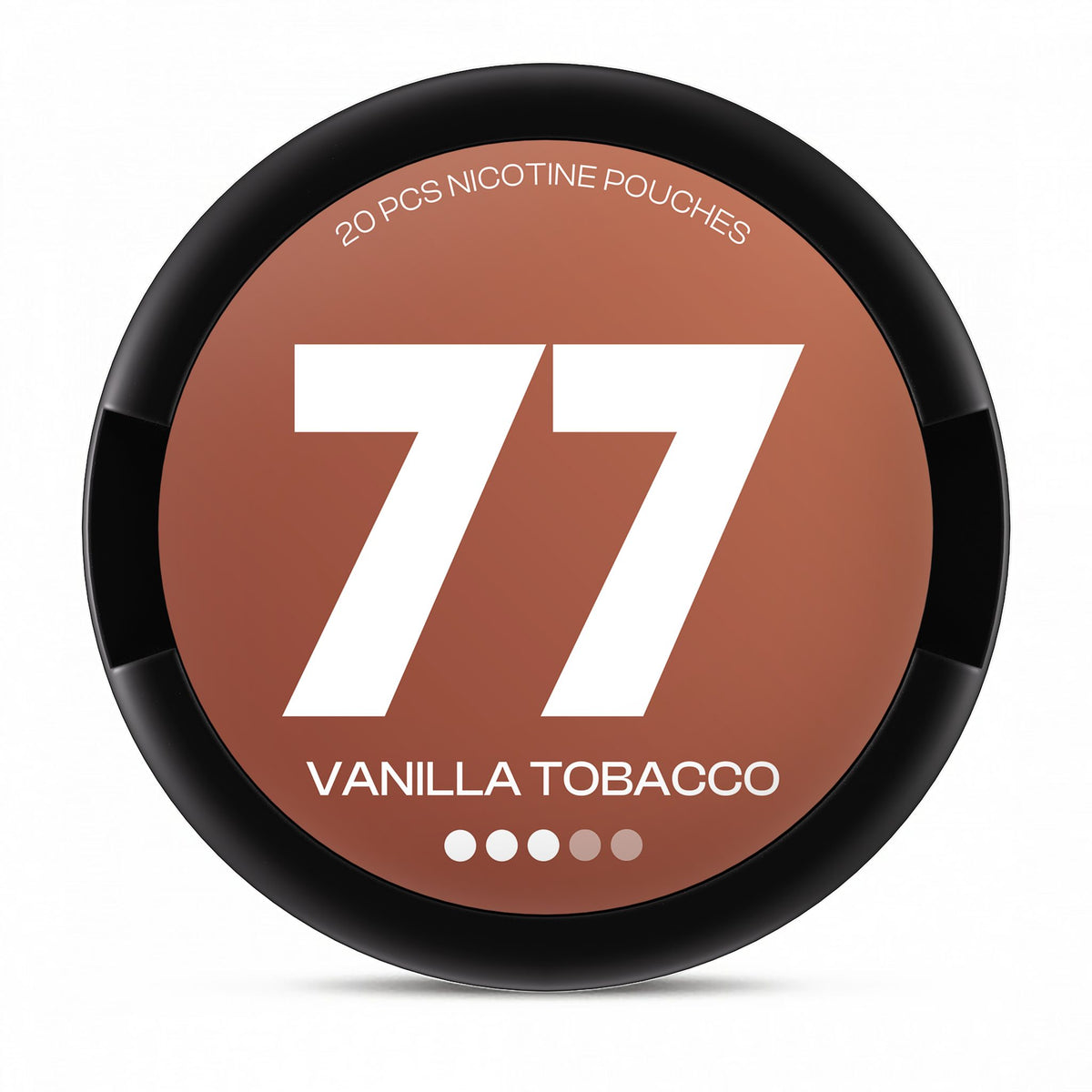 77 Vanilla Tobacco Medium nicotine pouches – 10.4mg per pouch, 20-pouch can (black lid)