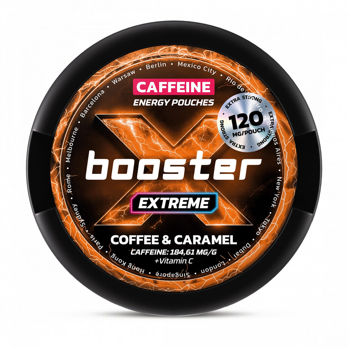 X-BOOSTER Extreme Coffee & Caramel caffeine energy pouches – 120mg caffeine per pouch plus Vitamin C, 20-pouch can