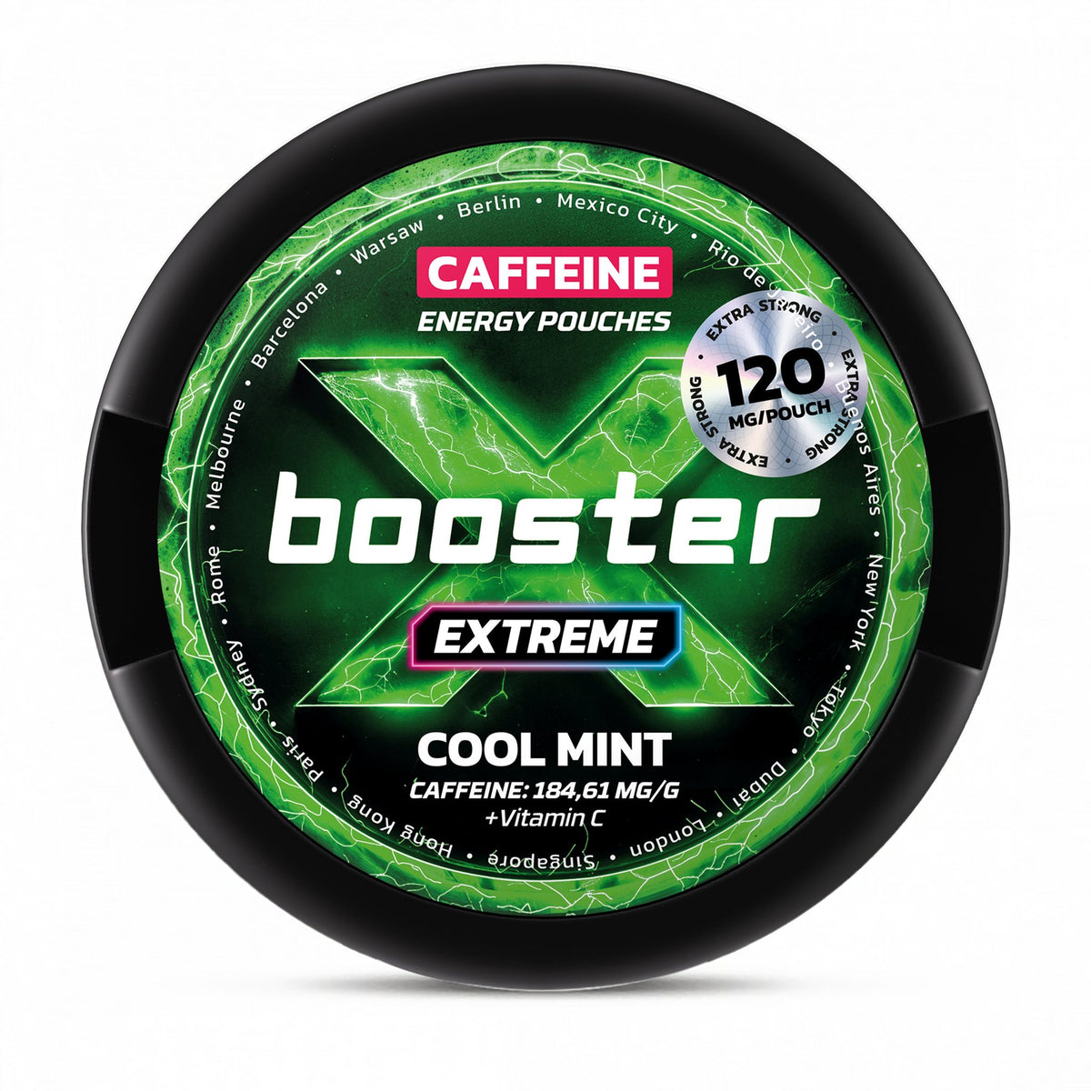 X-BOOSTER Extreme Cool Mint caffeine energy pouches – 120mg caffeine per pouch plus Vitamin C, 20-pouch can